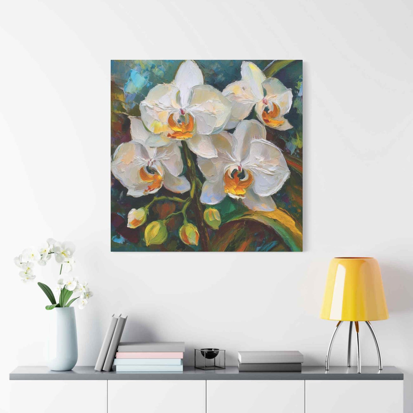 White Orchids Print Canvas, Floral Oil Paint Print 20x20, 24x24, 30x30, 32x32, 36x36 Art Design Pine-Wood Inner Frame MC-137