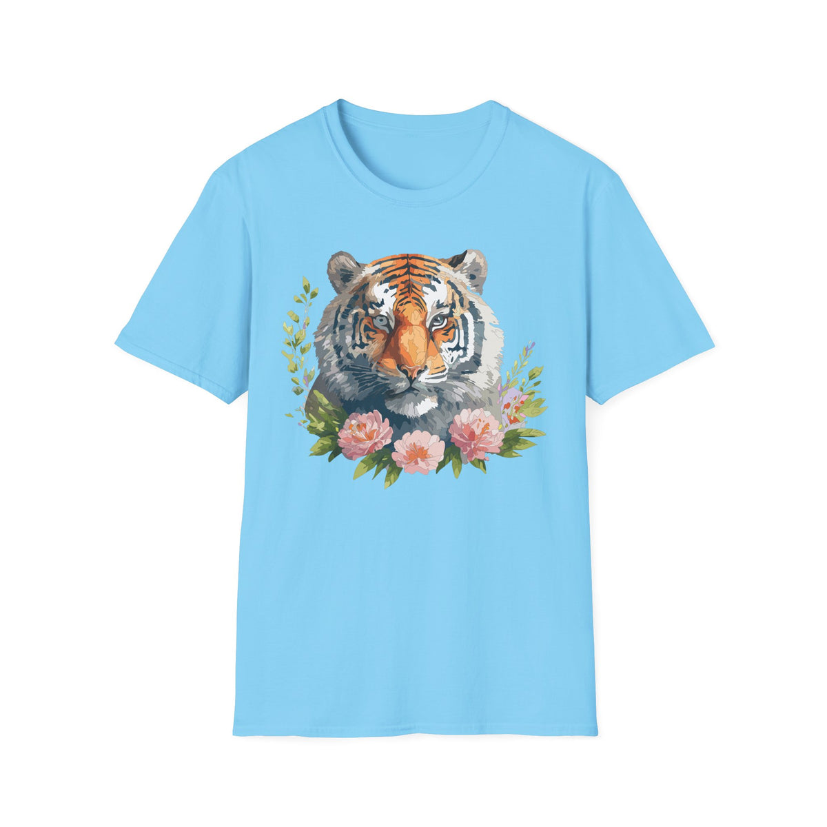 Watercolor Tiger Head T-Shirt | Floral Accents, Botanical Illustration