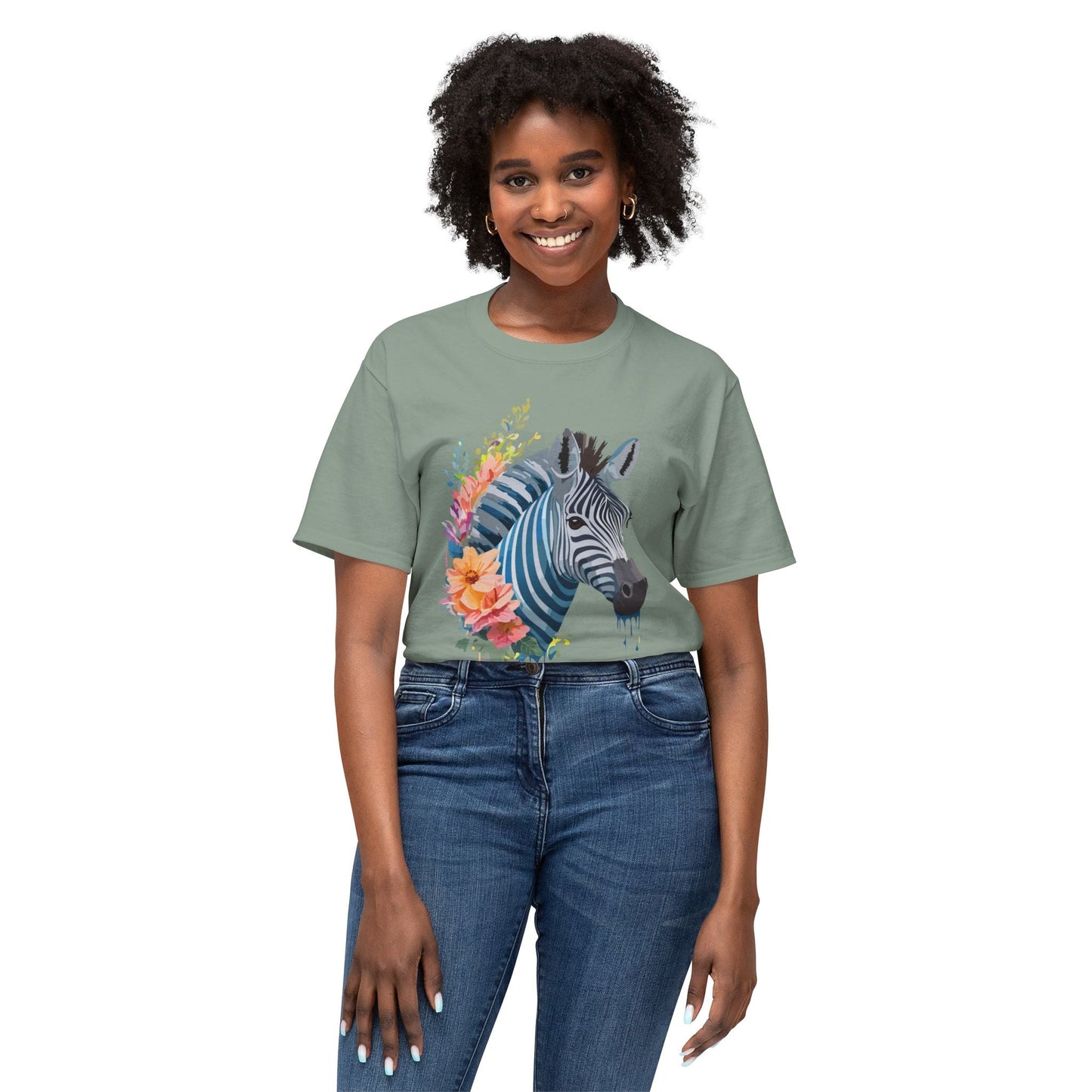 Unisex Zebra Art Print T Shirt 100 Percent Cotton Vintage Floral Design Tee Made In USA