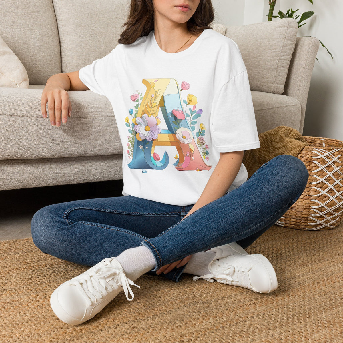 Floral Letter A T-Shirt | Monogram Initial Tee with Flowers