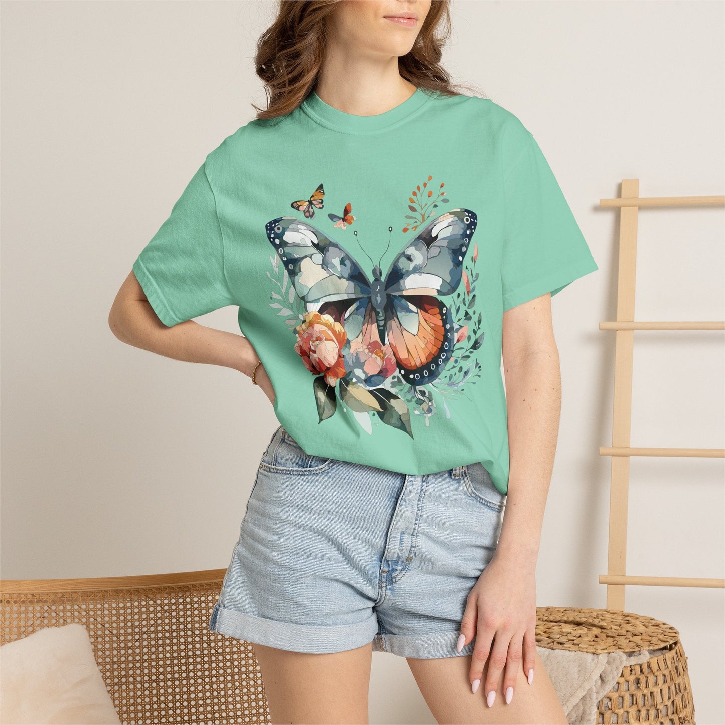Butterfly Floral Print T-Shirt Botanical Design Unisex Heavy Cotton Tee b1