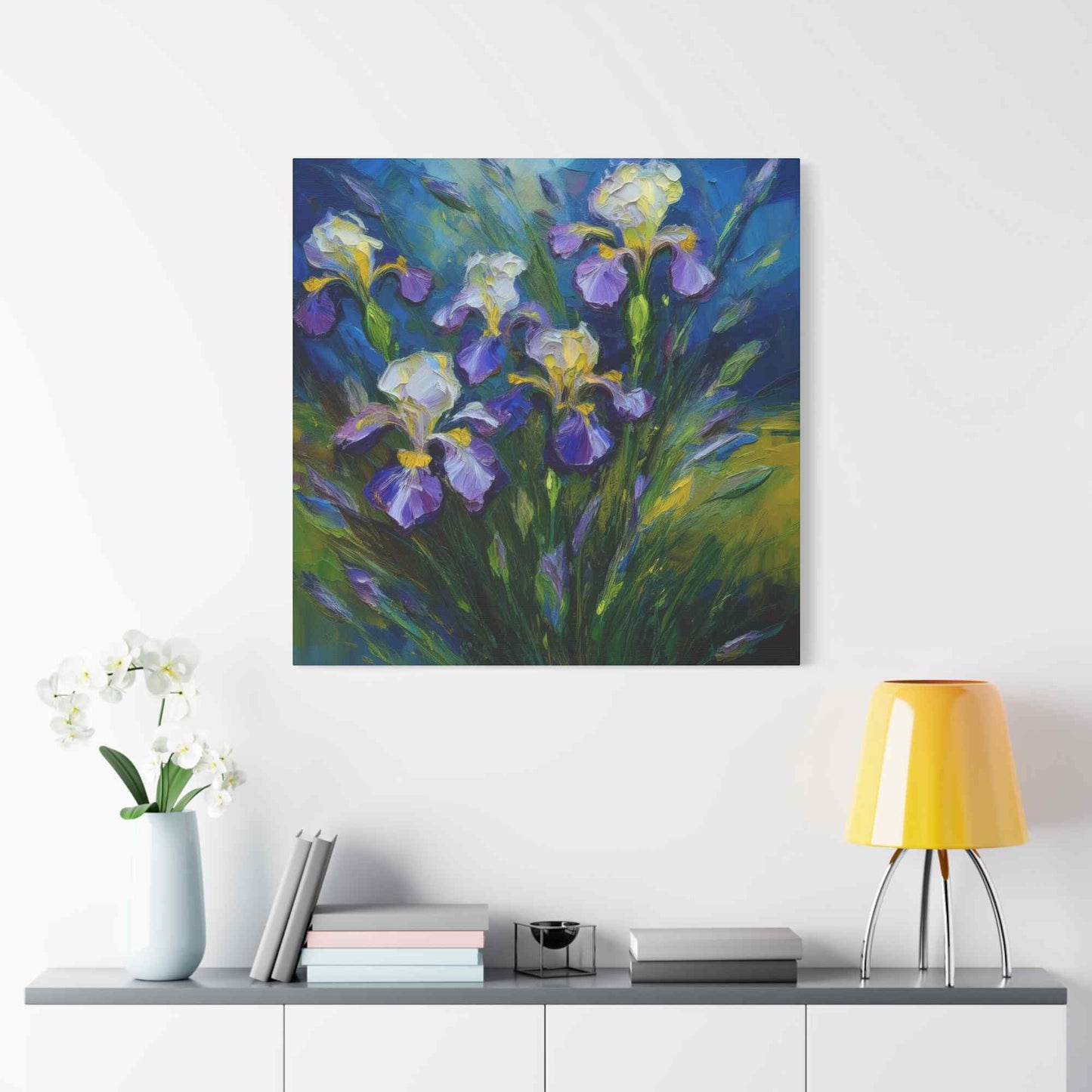Irises Floral Print Canvas, Floral Oil Paint Print 20x20, 24x24, 30x30, 32x32, 36x36 Art Design Pine-Wood Inner Frame MC-185