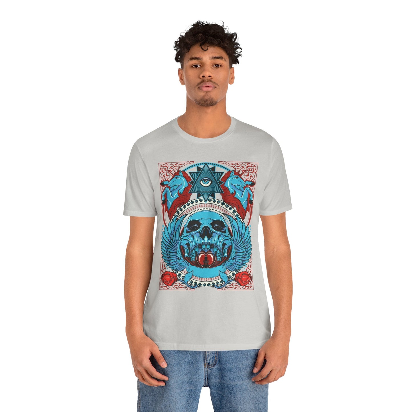 All-Seeing Skull Illustration Tee Winged Skull Third Eye Roses T-Shirt