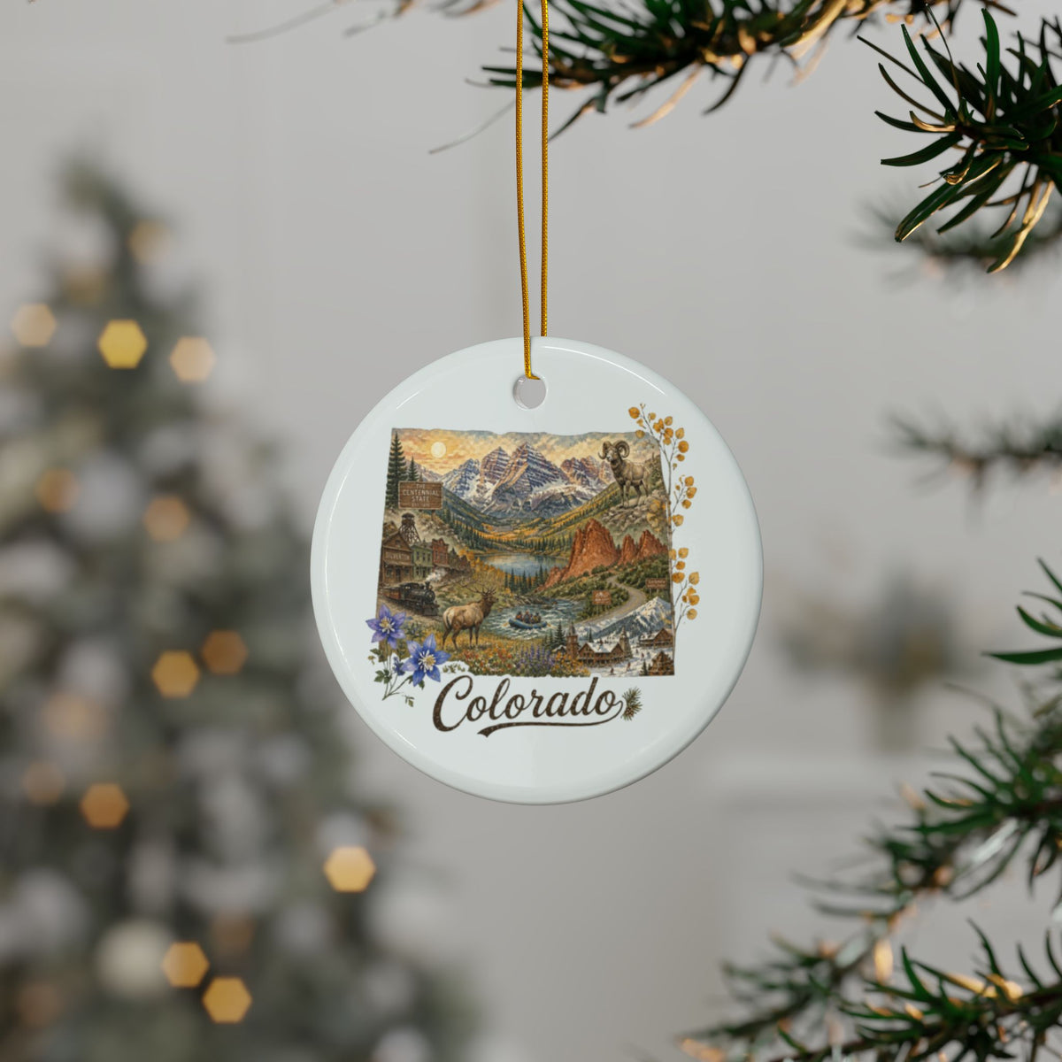 Colorado Scenic Landscape Ornament | Ceramic Round Ornament - 2.99" Includes Gold String
