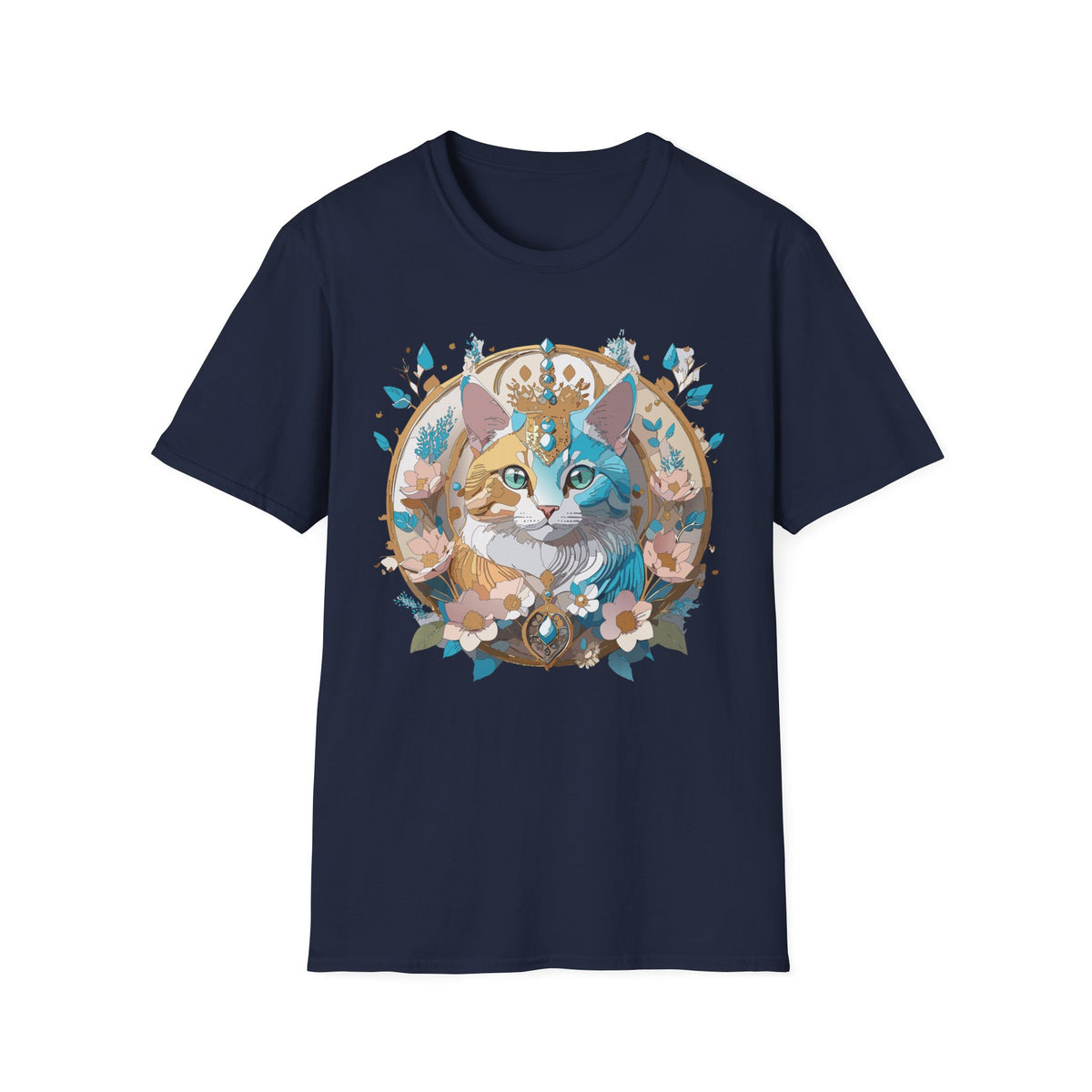 Two-Tone Cat Portrait T-Shirt | Floral Crescent, Boho Kitty