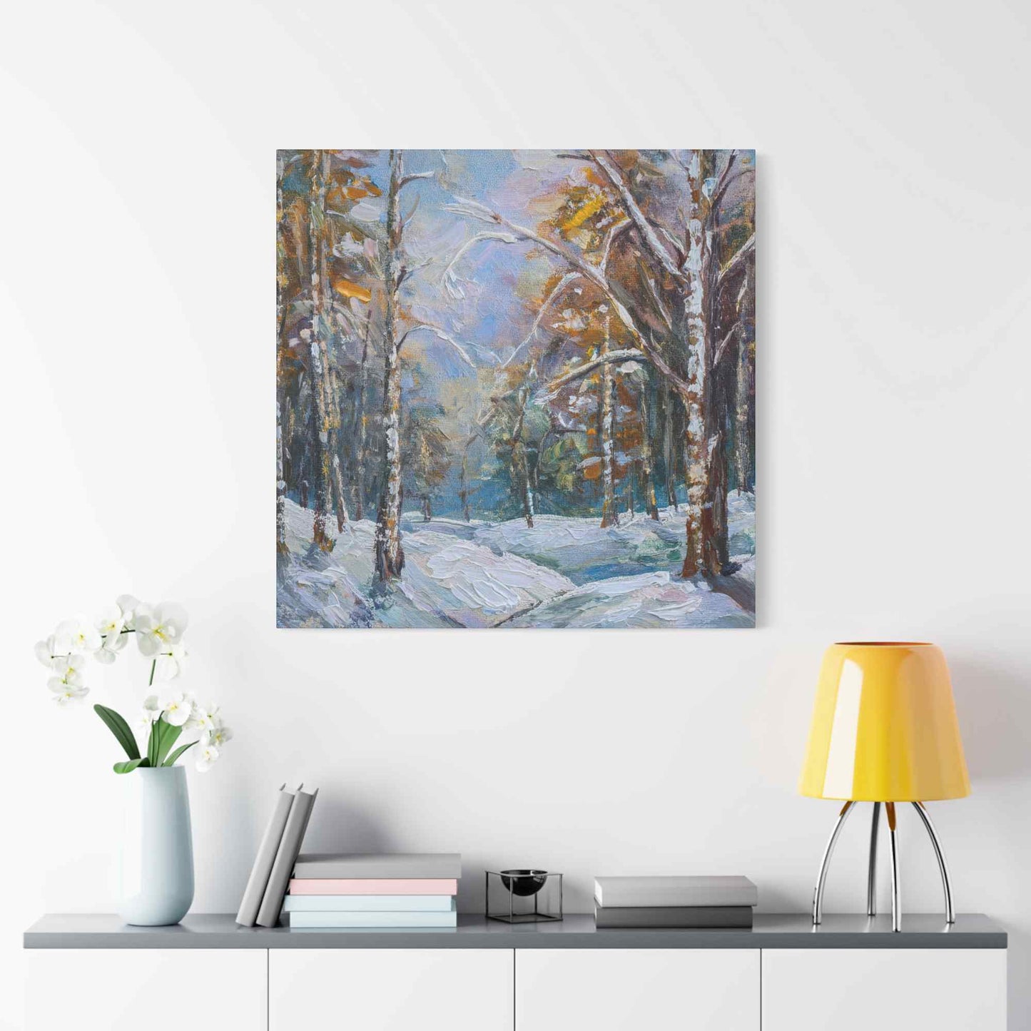 Snow Forest Print Canvas, Oil Paint Print 20x20, 24x24, 30x30, 32x32, 36x36 Art Design Print Pine-Wood Inner Frame MC-80