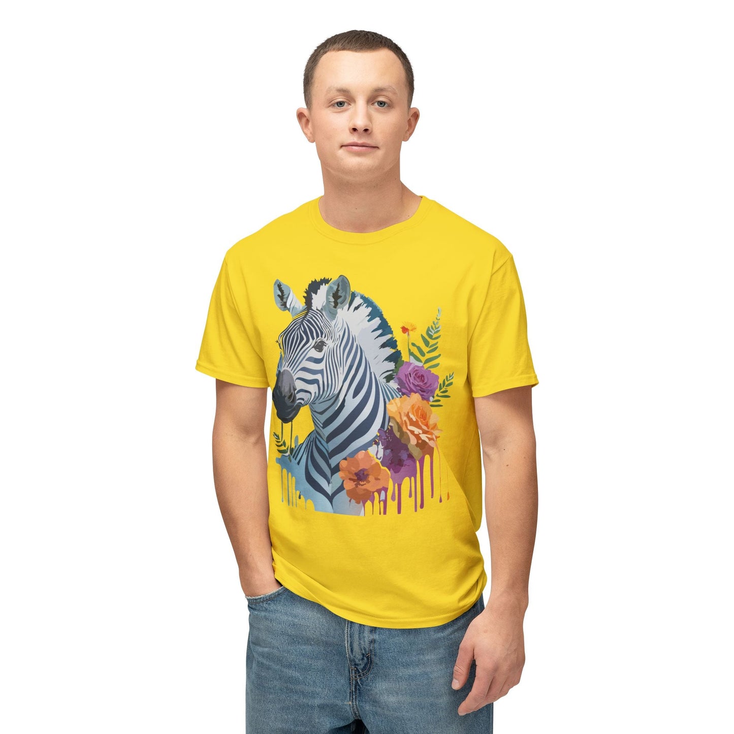 Unisex Zebra T Shirt With Floral Art Print Premium HD Cotton Jersey Tee Made In USA