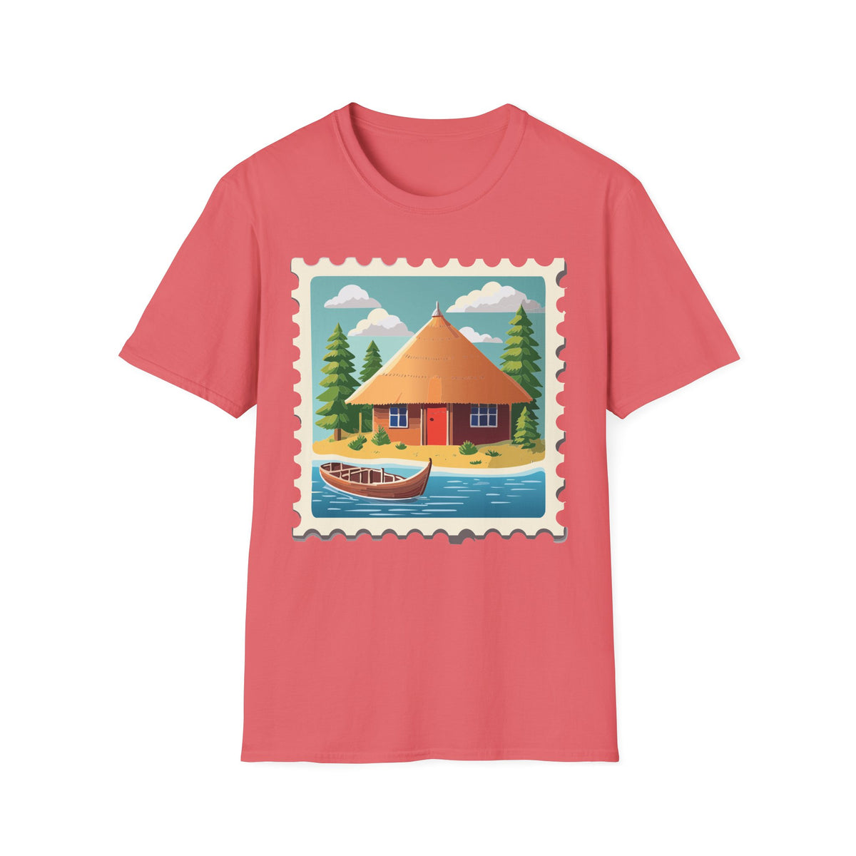 Cozy Lakeside Cottage Illustration T-Shirt | Retro Stamp Artwork