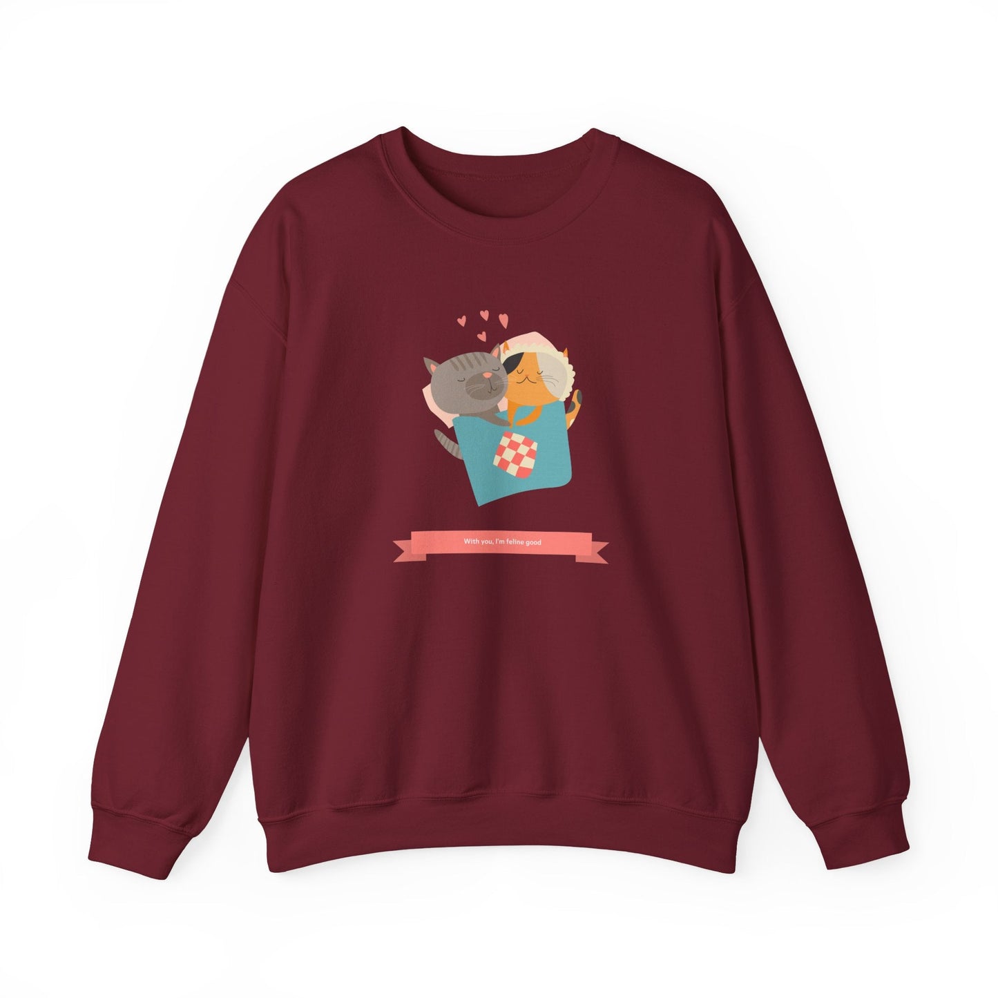 Cat Heart Sweatshirt Unisex Valentines Day 50 50 Cotton Poly Crewneck Gildan 18000