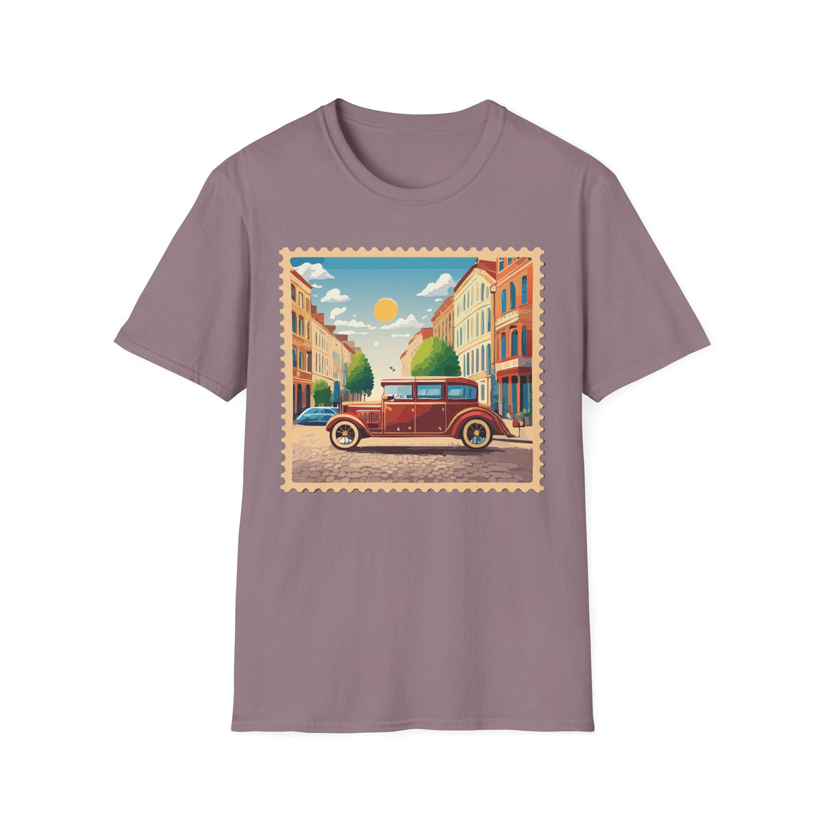 Vintage City Street Illustration T-Shirt | Retro Car, Sunny Urban Graphic Tee Unisex 100 Cotton Gildan T-Shirt