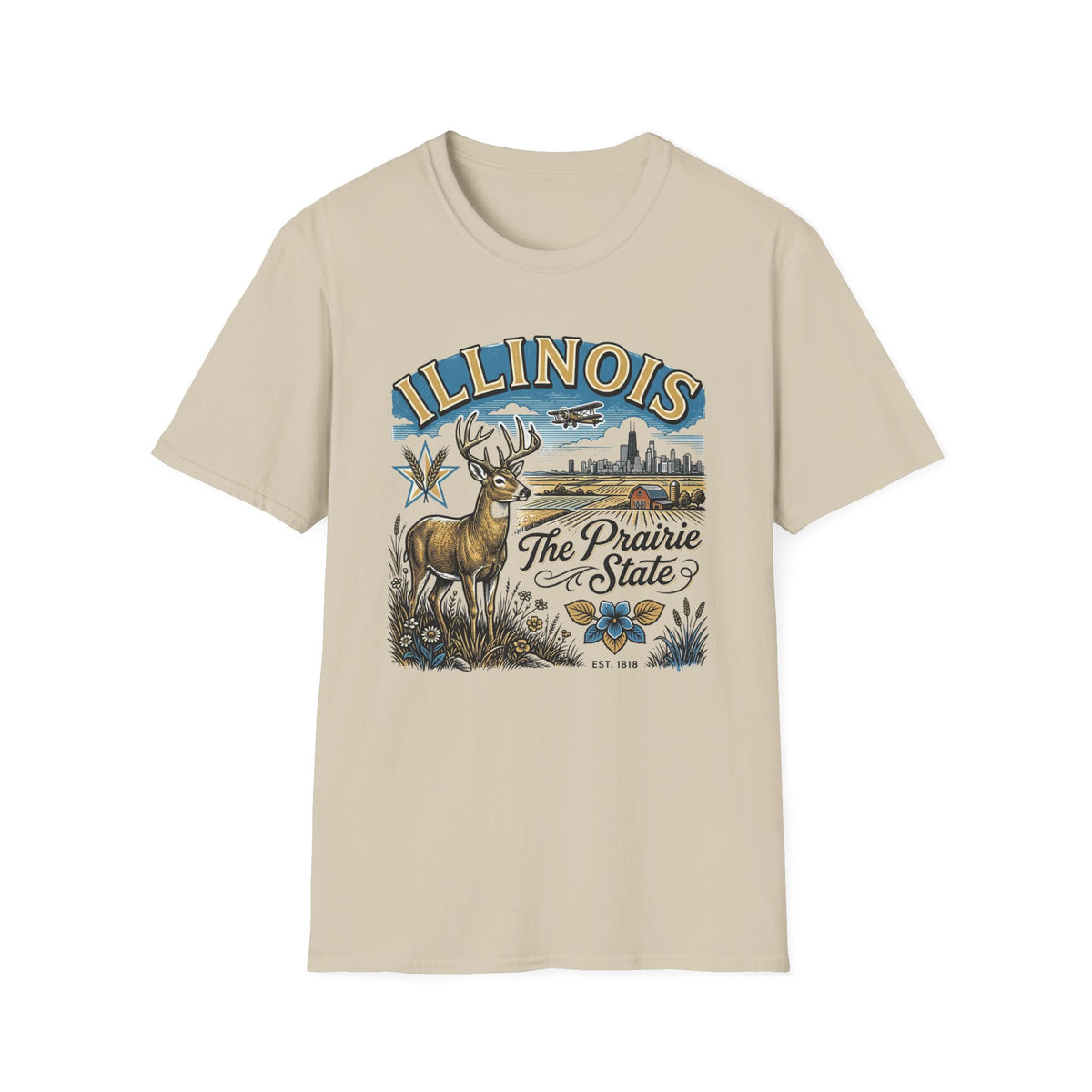 Illinois The Prairie State T-Shirt — Deer & Skyline Vintage Travel Tourist Graphic Tee Unisex 100 Cotton Gildan T-Shirt