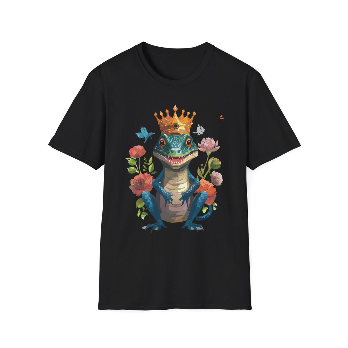 Crowned Lizard Illustration T-Shirt | Regal Gecko with Flowers