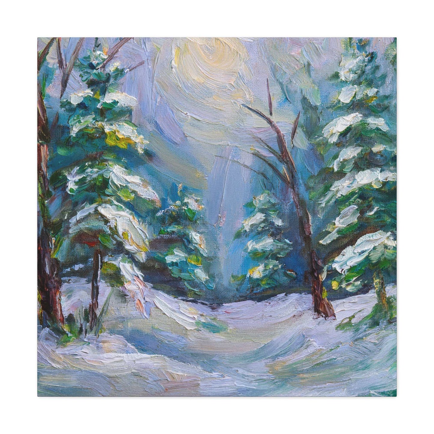 Snow Forest Print Canvas, Oil Paint Print 20x20, 24x24, 30x30, 32x32, 36x36 Art Design Print Pine-Wood Inner Frame MC-78