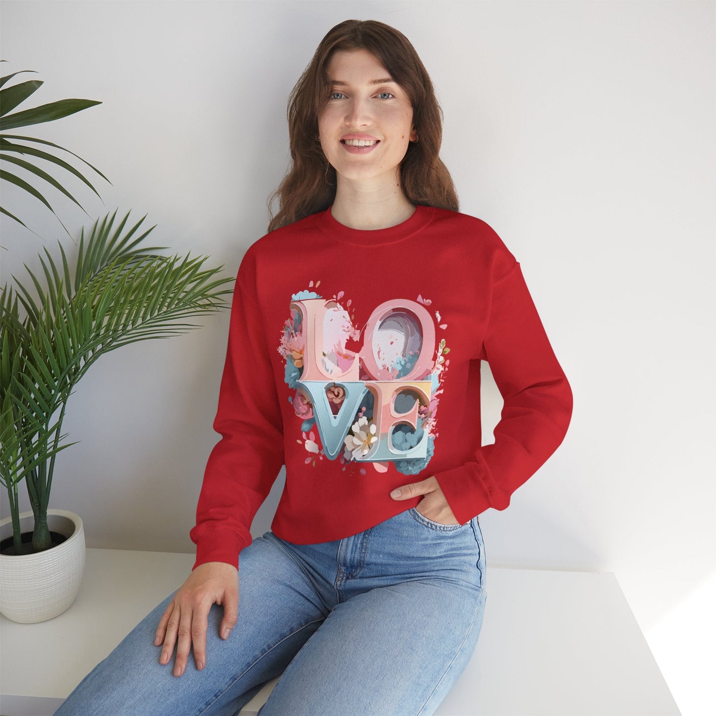 Floral Love Sweatshirt Unisex Crewneck Valentine Day Gift Gildan 18000 Fifty Fifty Cotton Blend