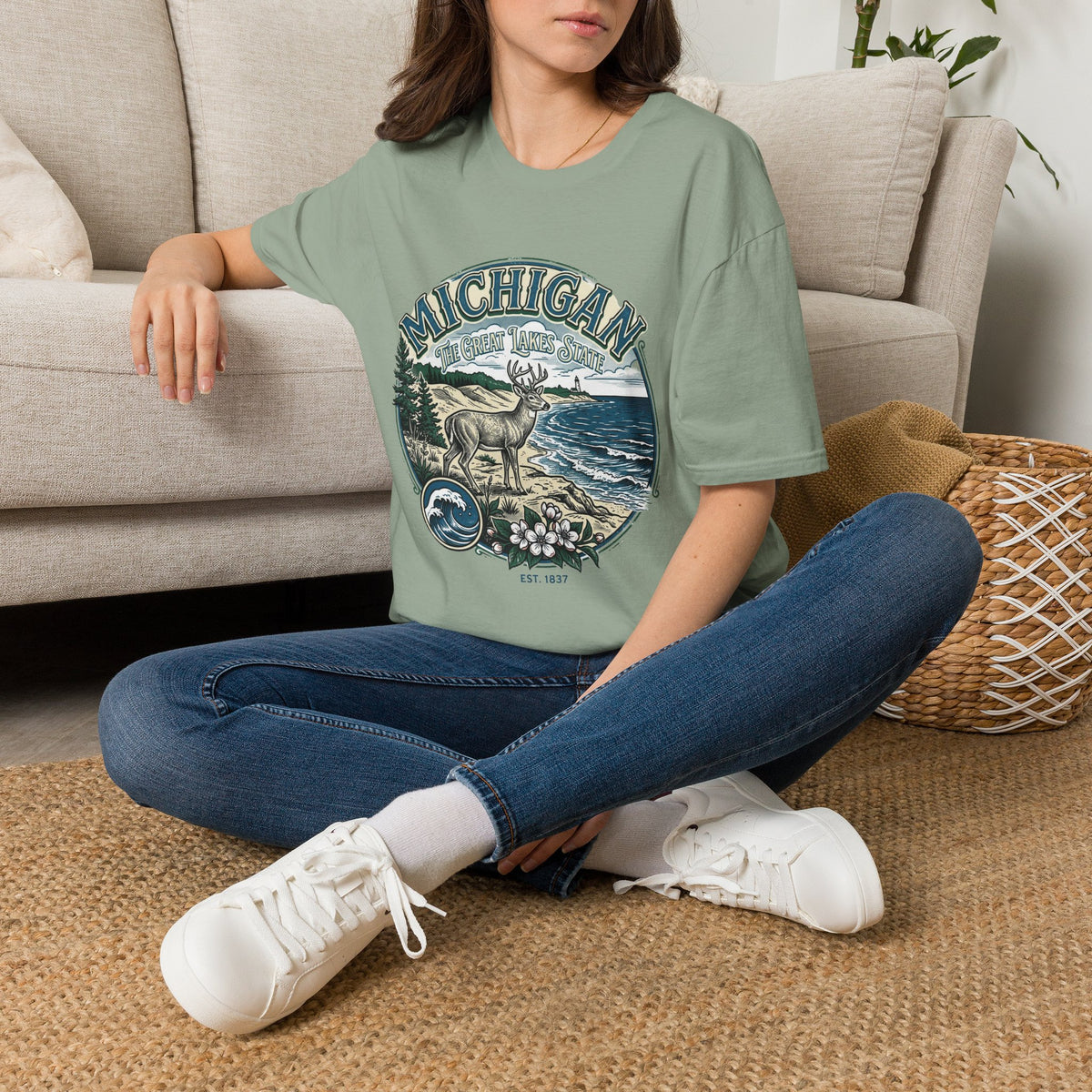 Michigan Deer Scenic T-Shirt — Vintage Great Lakes Travel Tourist Graphic Design Unisex 100 Cotton Gildan T-Shirt