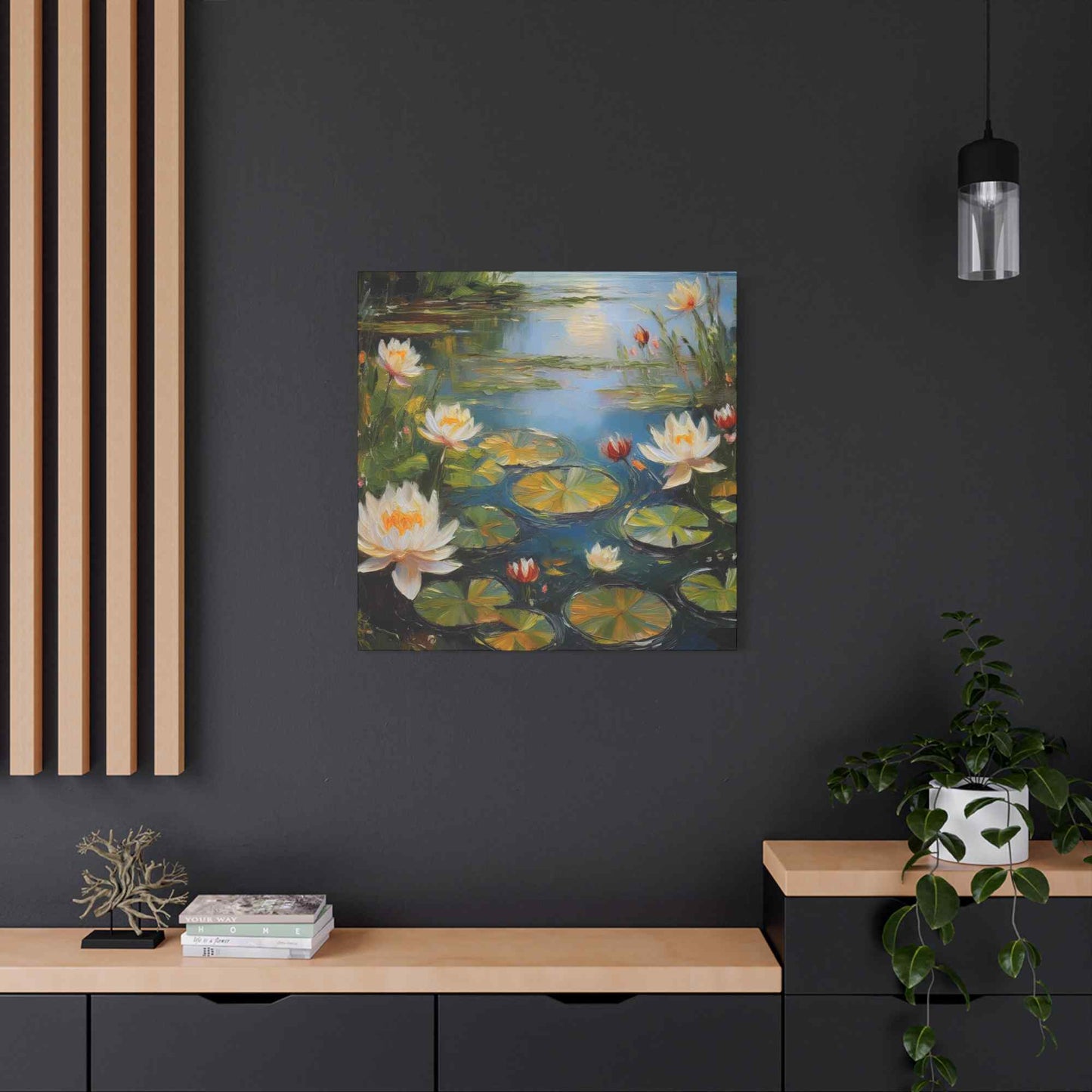Water Lilies Print Canvas, Oil Paint Print 20x20, 24x24, 30x30, 32x32, 36x36 Floral Art Print Pine-Wood Inner Frame MC-64