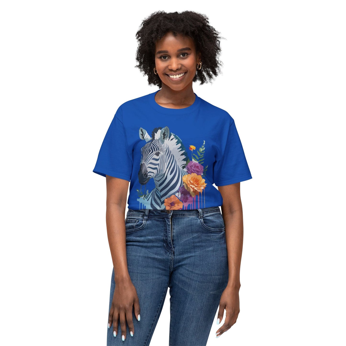 Unisex Zebra T Shirt With Floral Art Print Premium HD Cotton Jersey Tee Made In USA