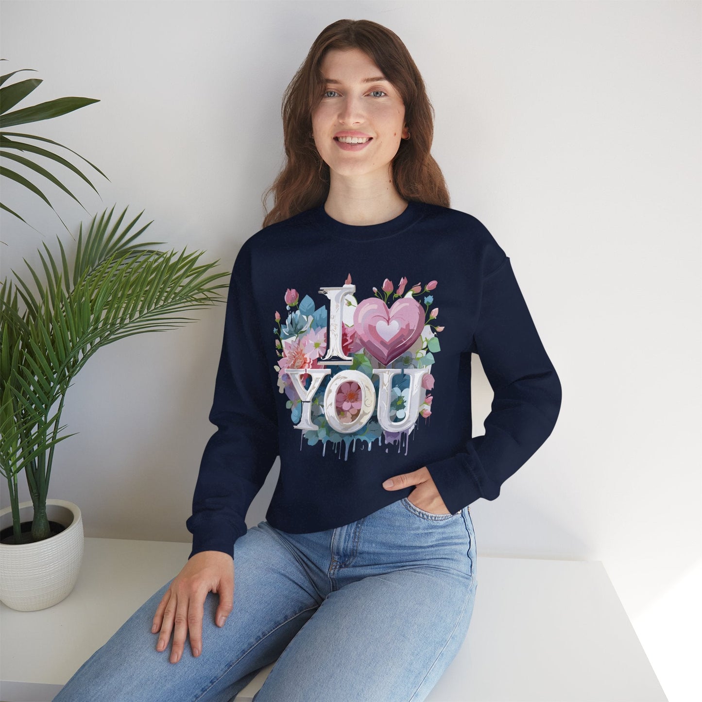 Floral Love Sweatshirt Unisex Valentine Day Flower Print Crewneck Gildan 18000 Cozy