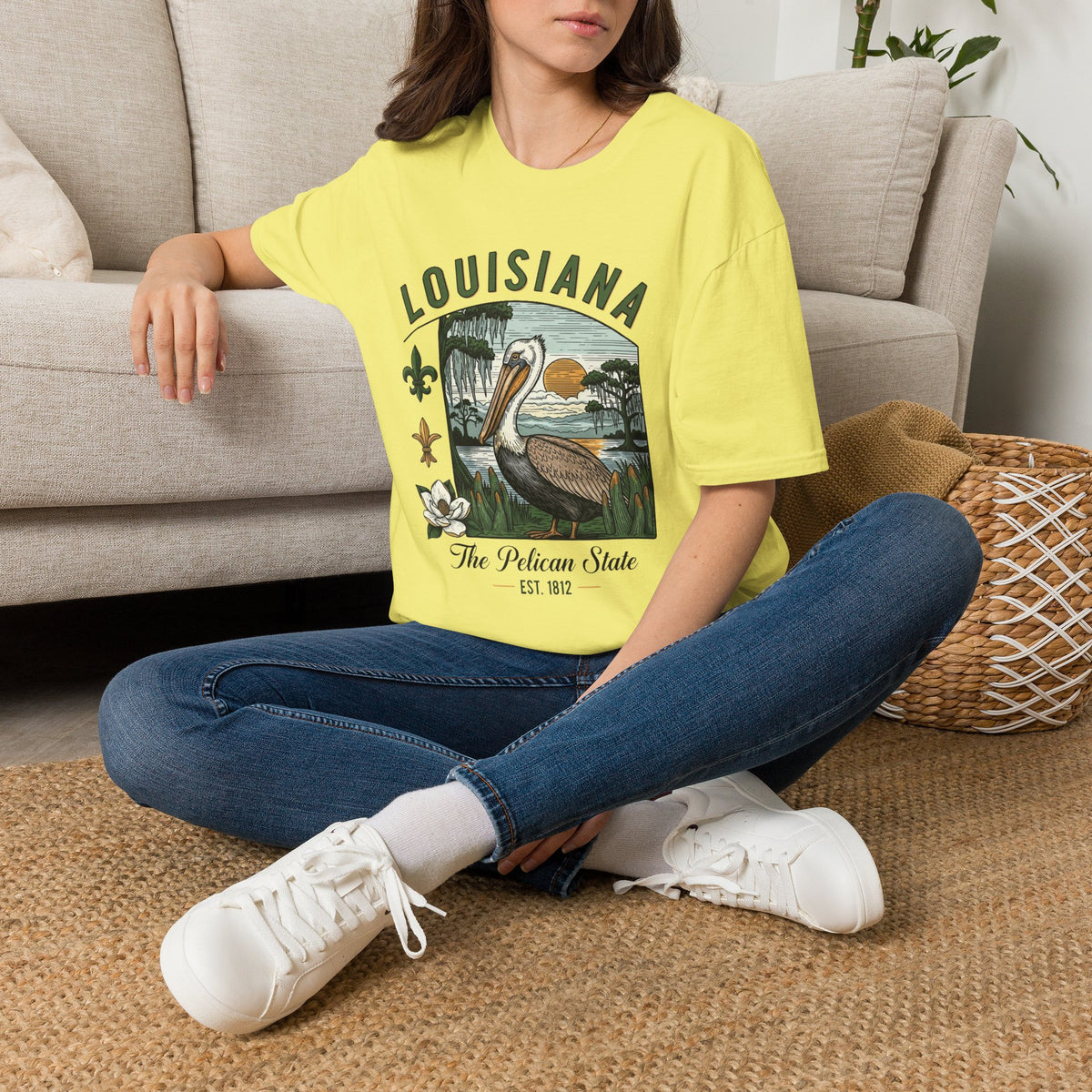 Louisiana Pelican State Graphic T-Shirt — Vintage Bayou Sunset Travel Tourist Graphic Design Unisex 100 Cotton Gildan T-Shirt