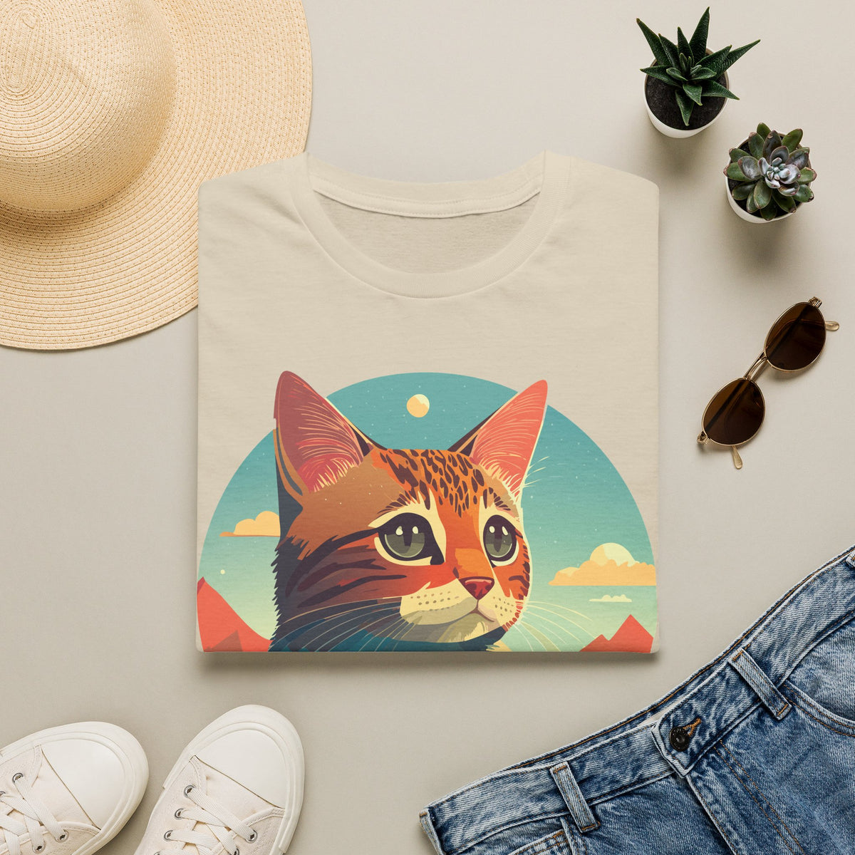 Retro Sunset Cat T-Shirt | Scenic Cat Portrait Tee