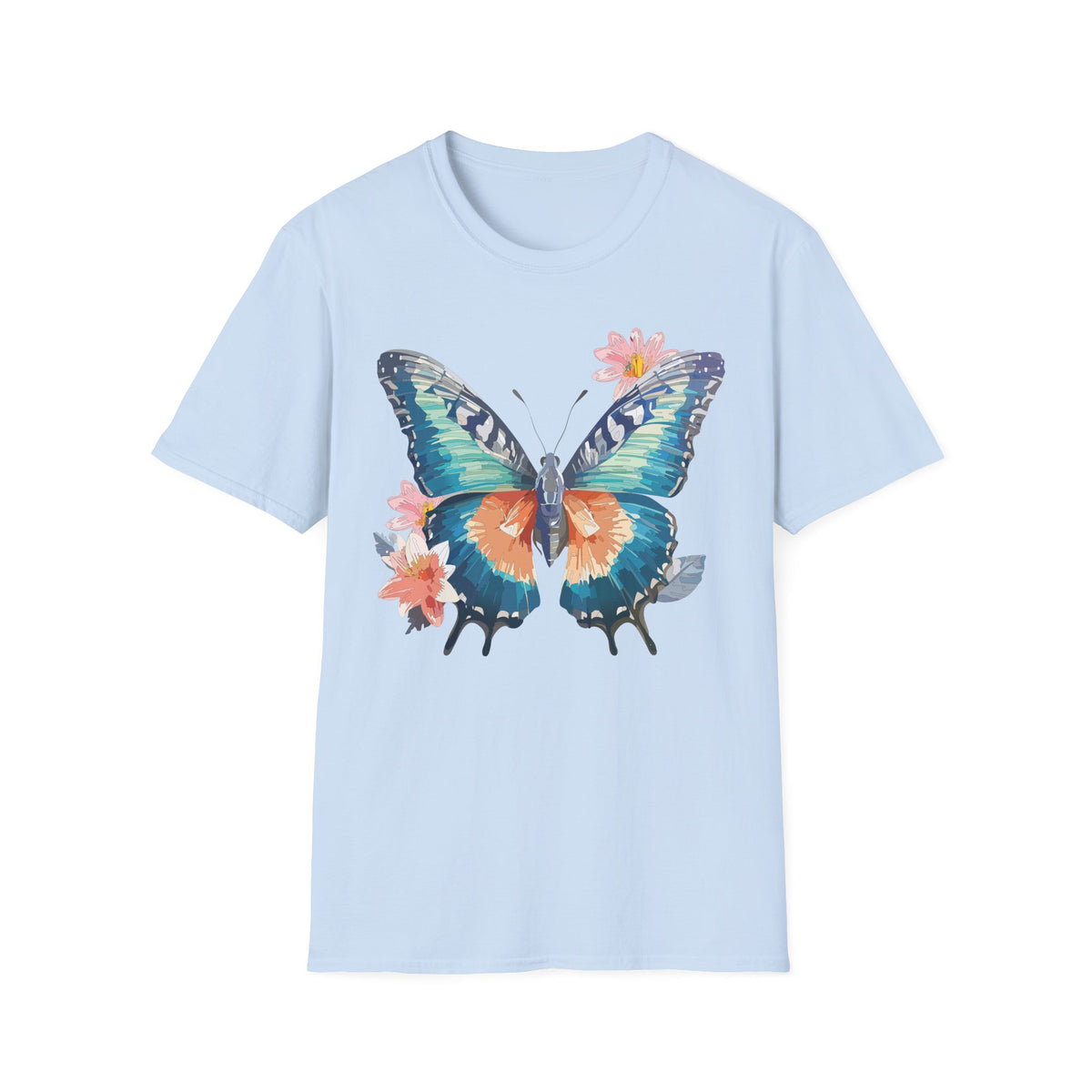 Butterfly Watercolor T-Shirt — Floral Blue Orange Butterfly Graphic Tee Unisex 100 Cotton Gildan T-Shirt