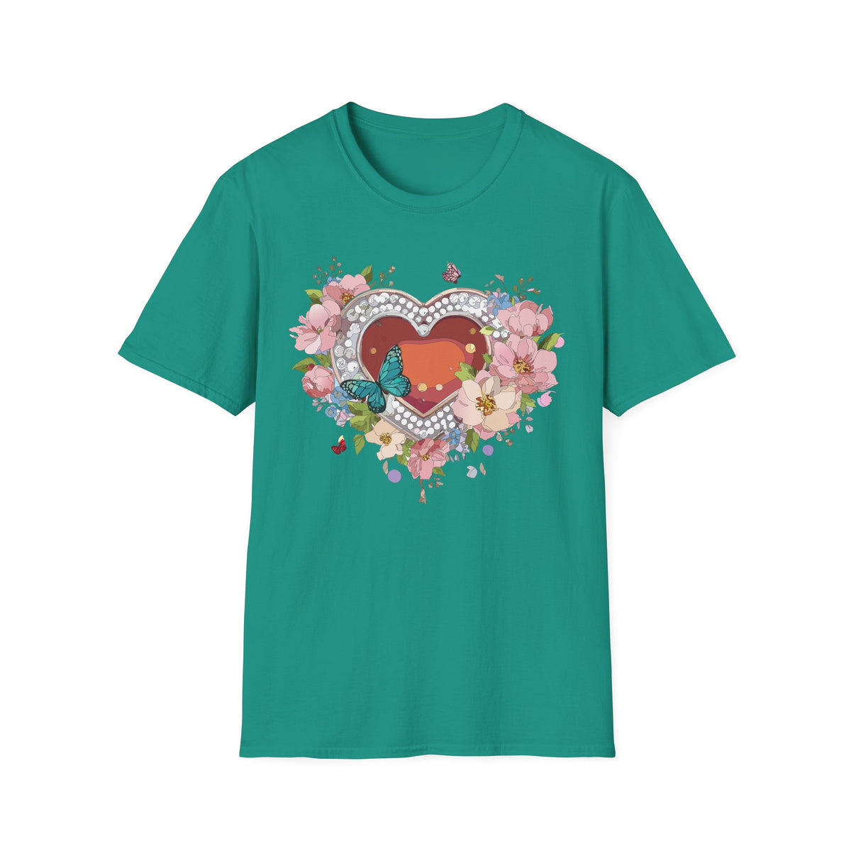 Heart with Floral Wreath and Butterfly T-Shirt | Romantic Floral Tee