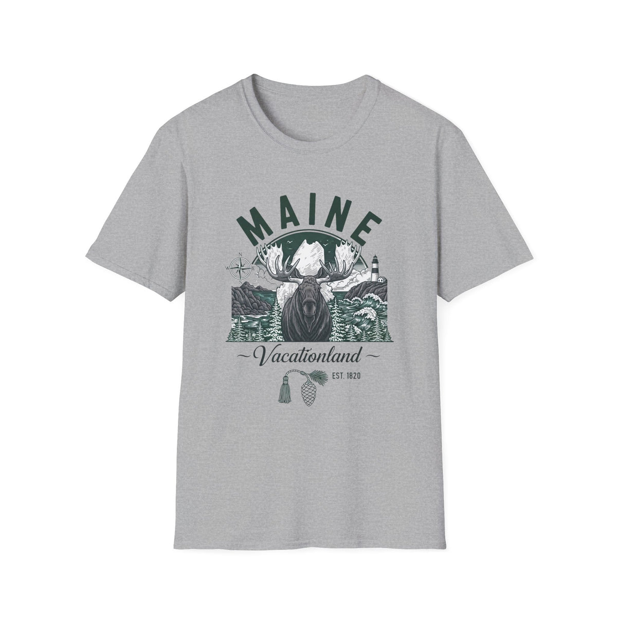 Maine Vacationland Moose T-Shirt — Rustic Coastal State Pride Tee Travel Tourist Graphic Design Unisex 100 Cotton Gildan T-Shirt