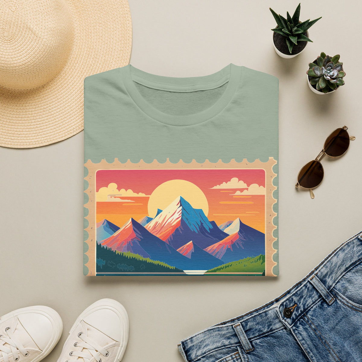 Vintage Mountain Sunset postage stamp T-Shirt | retro travel landscape