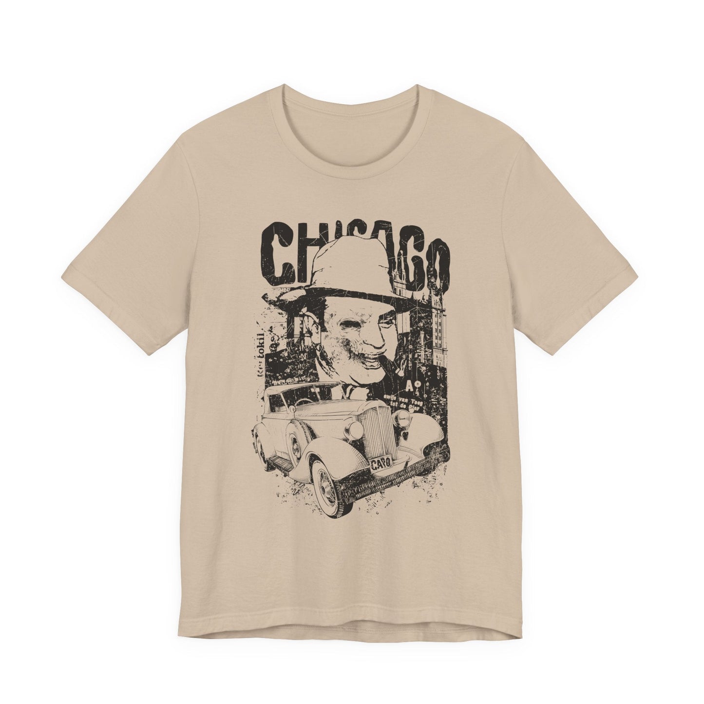 Chicago Retro Mobster Illustration Tee Vintage Car Cityscape Art Design T-Shirt A-8