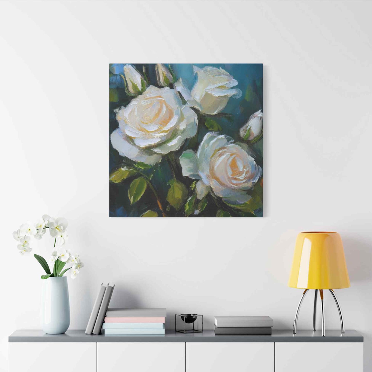 White Roses Print Canvas, Roses Oil Paint Print 20x20, 24x24, 30x30, 32x32, 36x36, Floral Art Design Print Non-Frame MC-20