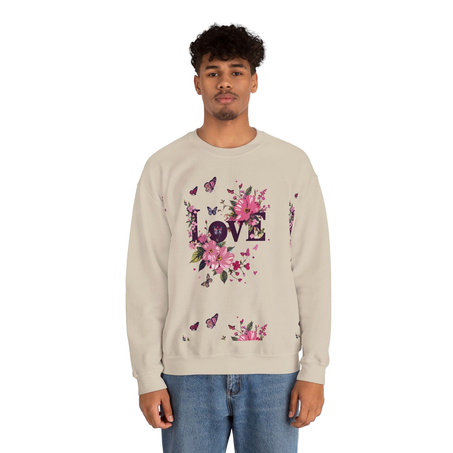 Unisex Floral Love Sweatshirt, Love Floral Sweatshirt, Floral Butterfly Sweatshirt, 50/50 Cotton-Poly Valentine's Day Sweatshirt 05
