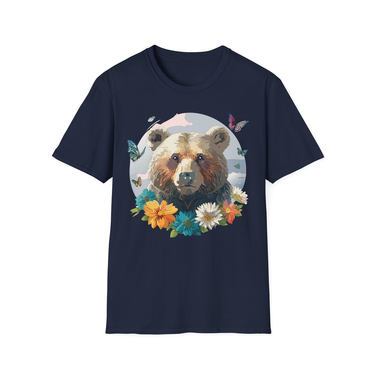 Bear Portrait with Butterflies T-Shirt | Floral Nature Animal Graphic Tee Unisex 100 Cotton Gildan T-Shirt
