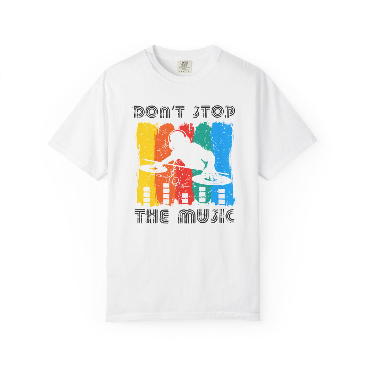 Don t Stop the Music DJ Silhouette T-Shirt Retro Rainbow Turntables Unisex Cotton Tee 016