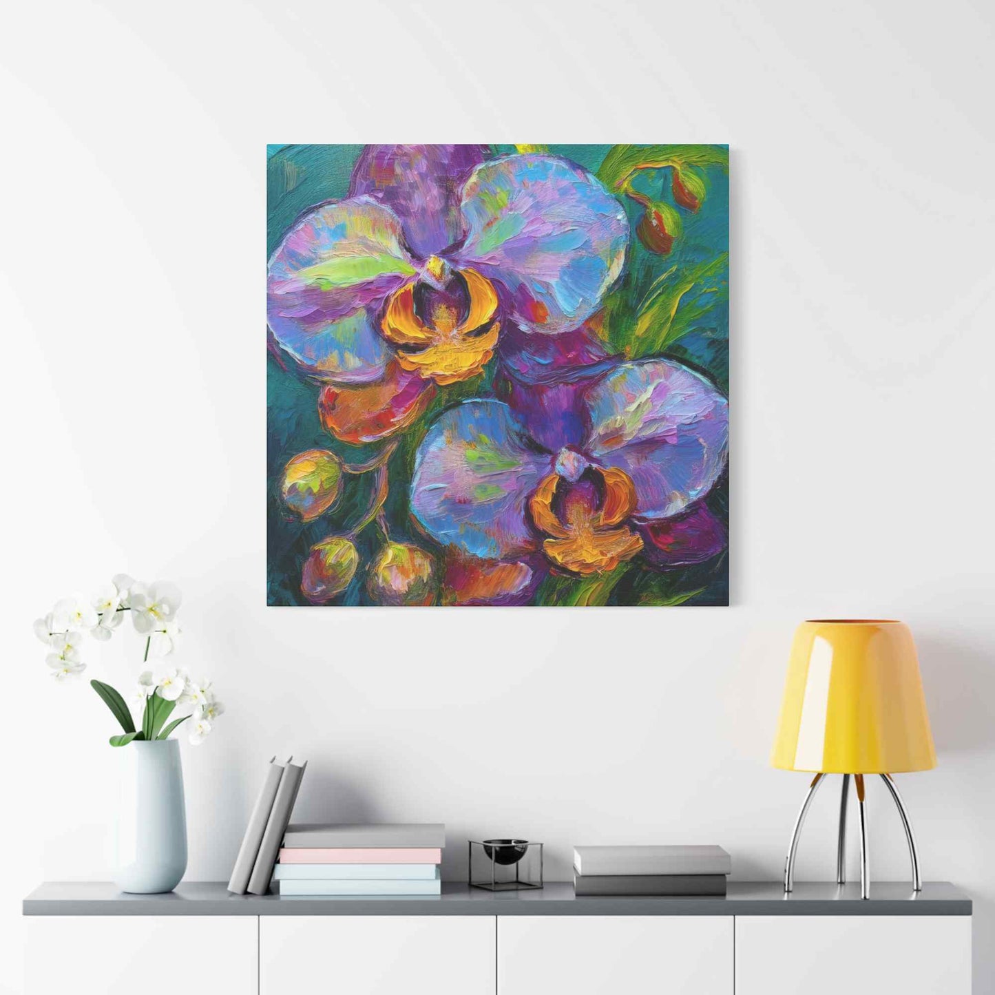 Blue Orchids Print Canvas, Floral Oil Paint Print 20x20, 24x24, 30x30, 32x32, 36x36 Art Design Pine-Wood Inner Frame MC-133