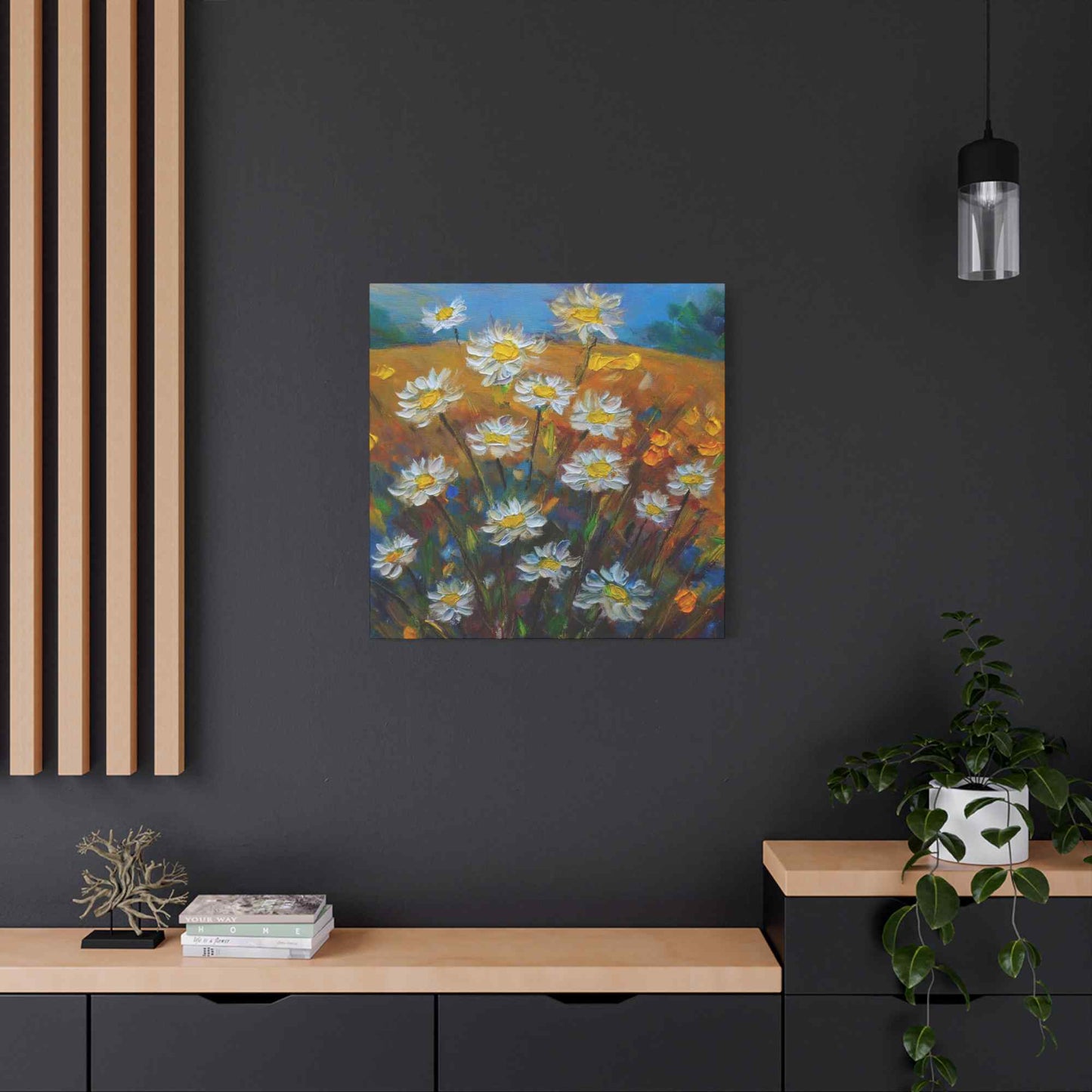 White Daisies Print Canvas, Floral Oil Paint Print 20x20, 24x24, 30x30, 32x32, 36x36 Art Design Pine-Wood Inner Frame MC-126
