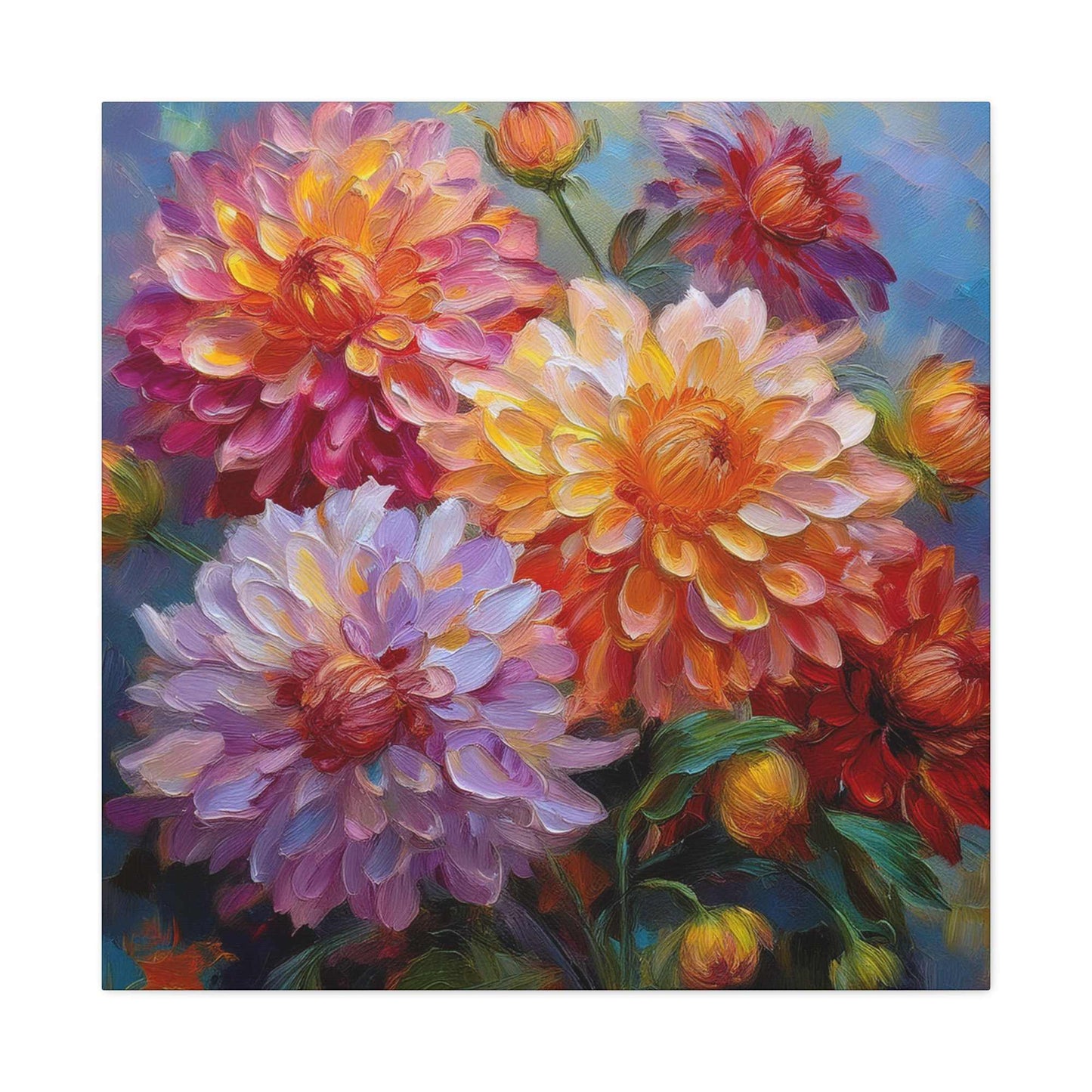 Dahlias Floral Print Canvas, Floral Oil Paint Print 20x20, 24x24, 30x30, 32x32, 36x36 Art Design Pine-Wood Inner Frame MC-165