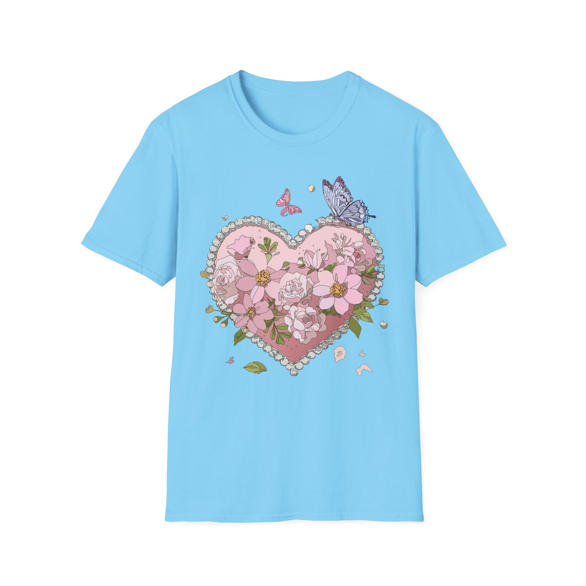 Floral Heart with Butterflies T-Shirt | Pink Flower Heart Graphic Tee Unisex 100 Cotton Gildan T-Shirt