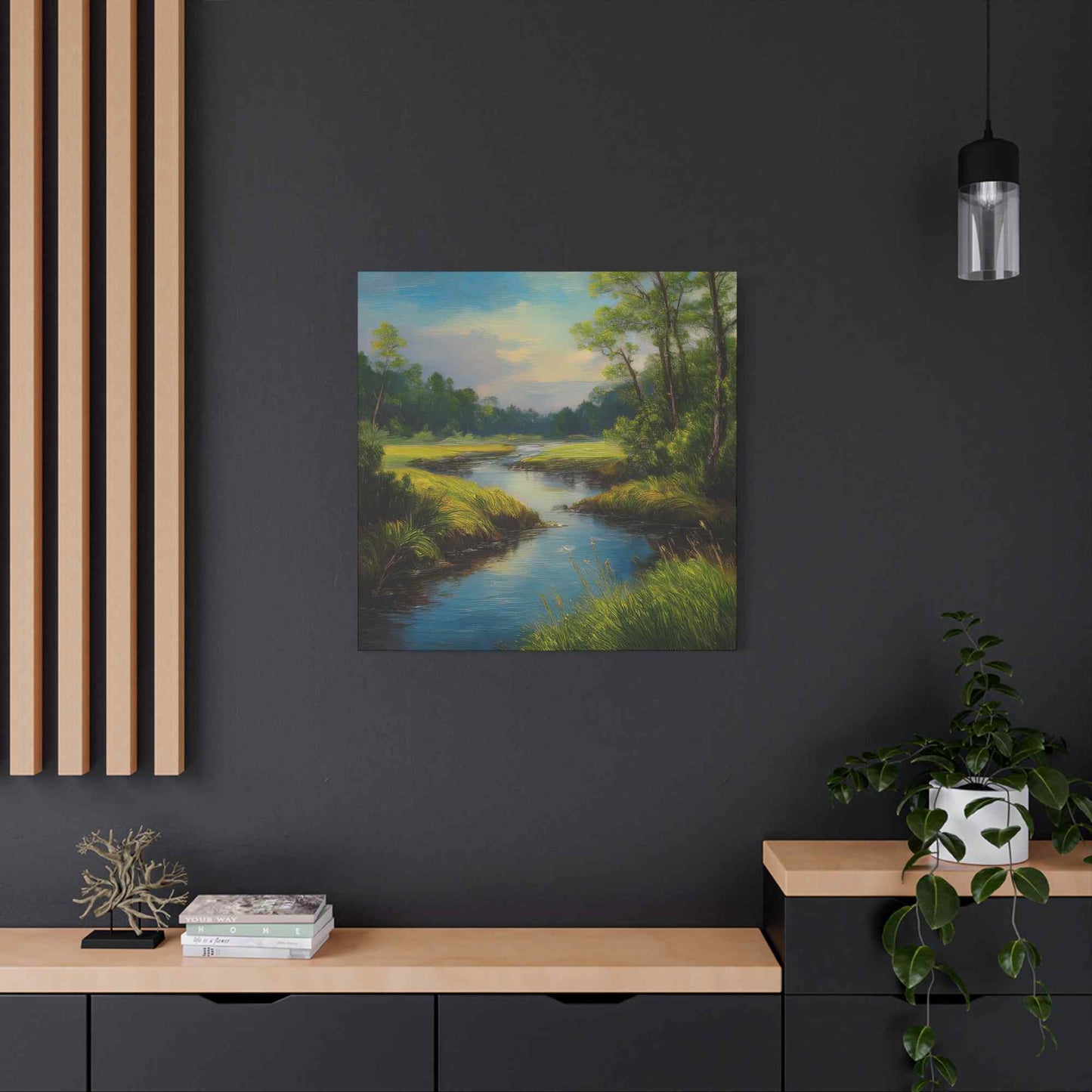River Print Canvas, Landscape Oil Paint Print 20x20, 24x24, 30x30, 32x32, 36x36 Art Design Print Pine-Wood Inner Frame MC-52