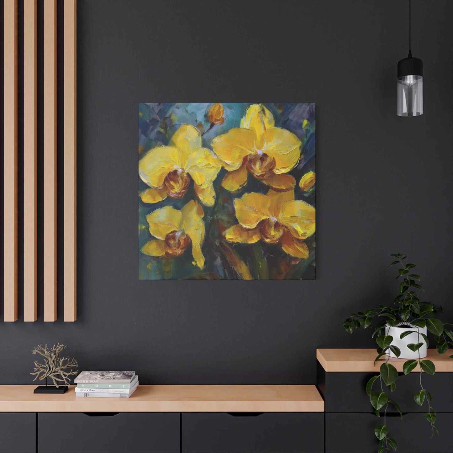 Yellow Orchids Print Canvas, Floral Oil Paint Print 20x20, 24x24, 30x30, 32x32, 36x36 Art Design Pine-Wood Inner Frame MC-138