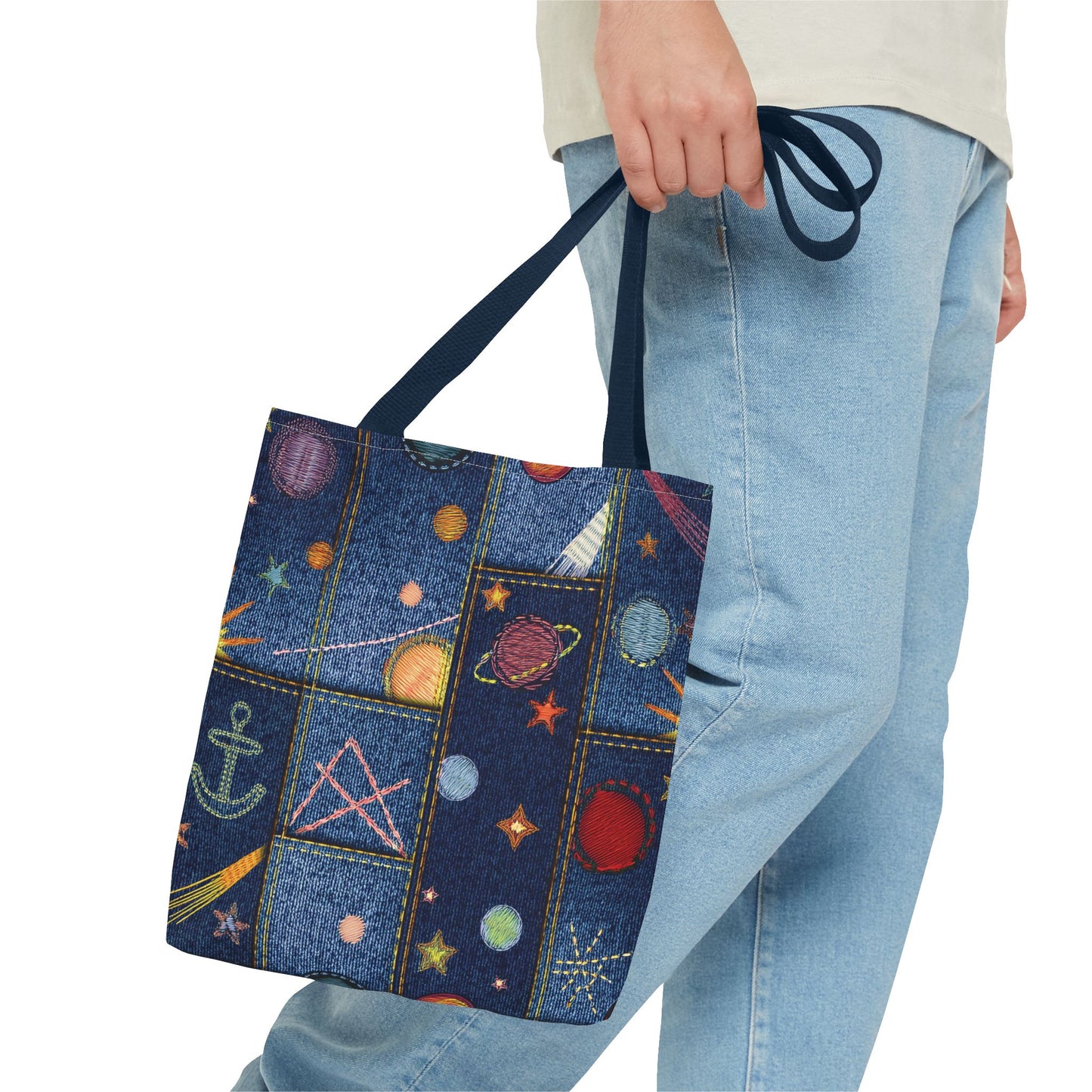 Denim Fabric Imitation Print Unisex Canvas Bag Poly Spun 3 Sizes Tote Bag 183-2