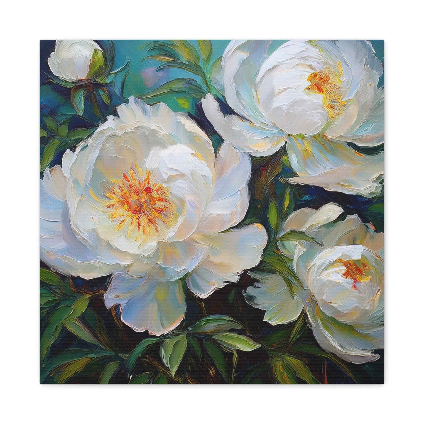 White Peonies Print Canvas, Floral Oil Paint Print 20x20, 24x24, 30x30, 32x32, 36x36 Art Design Pine-Wood Inner Frame MC-119