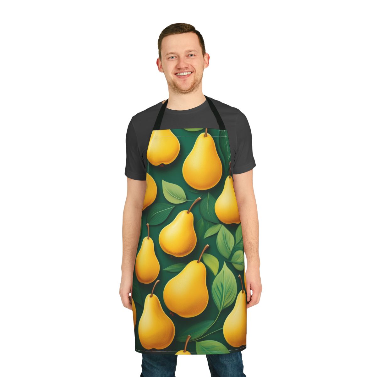 Pears Pattern Kitchen Apron — Bright Yellow Fruit Print Apron with Green Leaves Stain-Resistant - Art Print Canvas Apron
