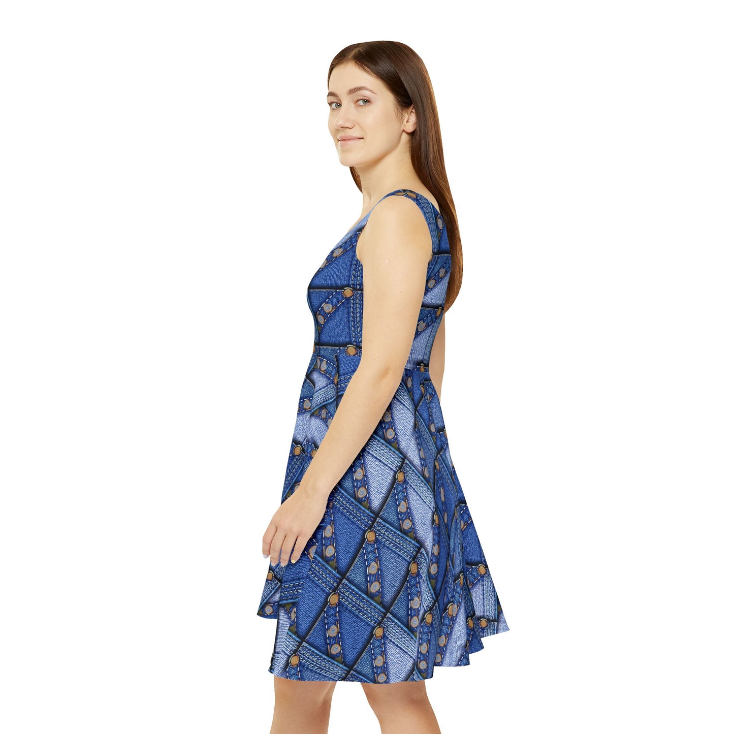 Women Denim Print Skater Dress, Denim Print Poly-Span Dress - 30