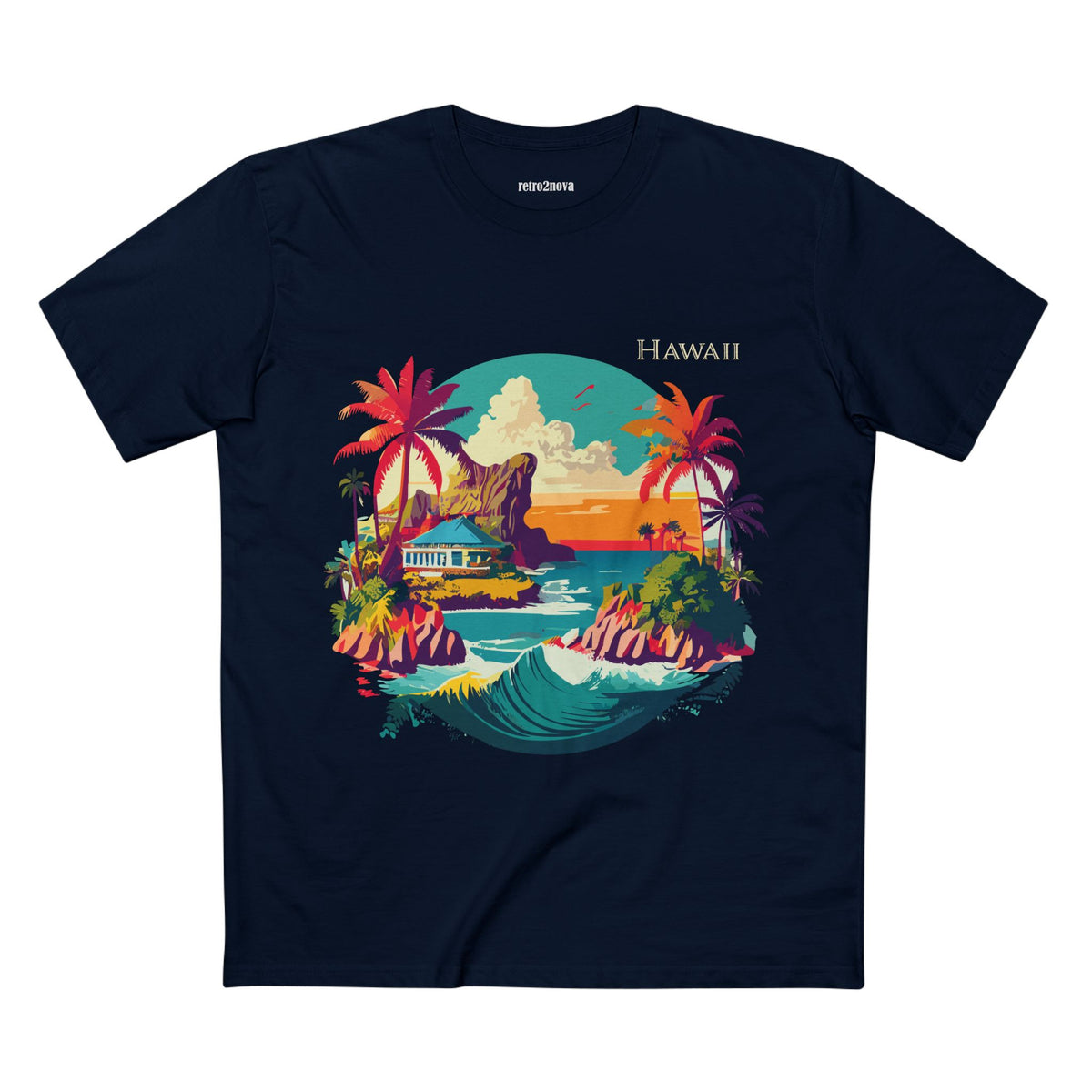 Hawaii Sunset Surf Scene T-Shirt | Tropical Beach Illustration