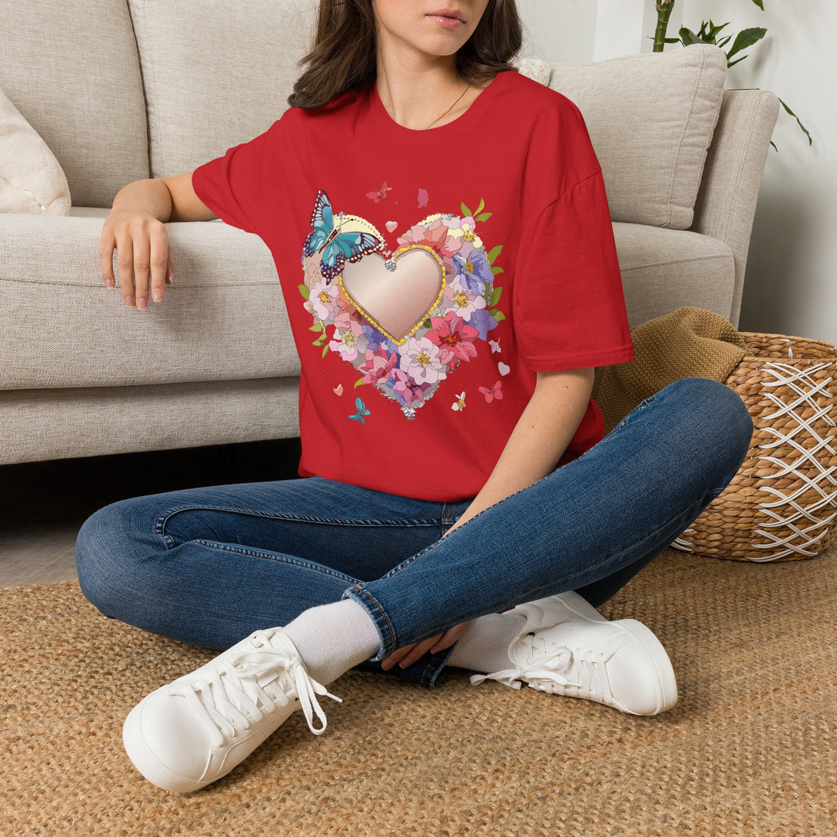 Butterfly Floral Heart Pink Gold Heart with Flowers and Butterflies Graphic Design Unisex 100 Cotton Gildan T-Shirt