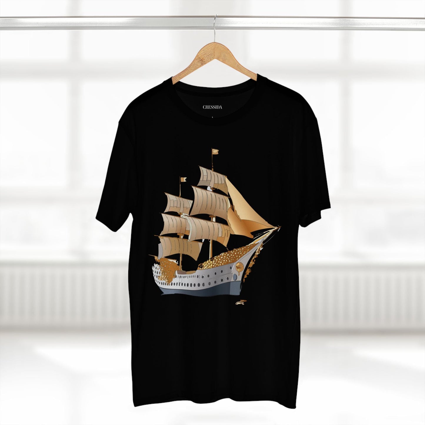 Ship Graphic Unisex 100 Cotton T-Shirt with Gold Frigate Art Design 25