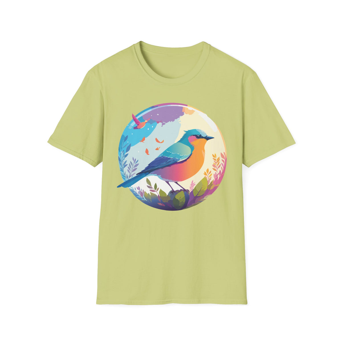 Colorful Bird Illustration T-Shirt | Rainbow Songbird Circle Art
