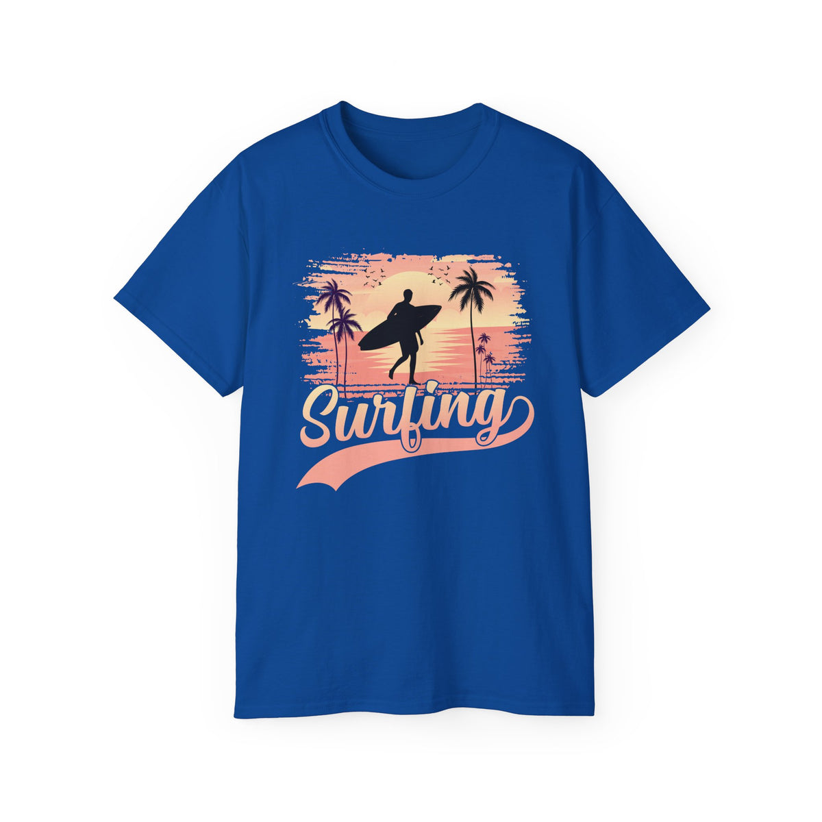 Surfing Silhouette Sunset T-Shirt | Palm Trees, Retro Wave Graphic