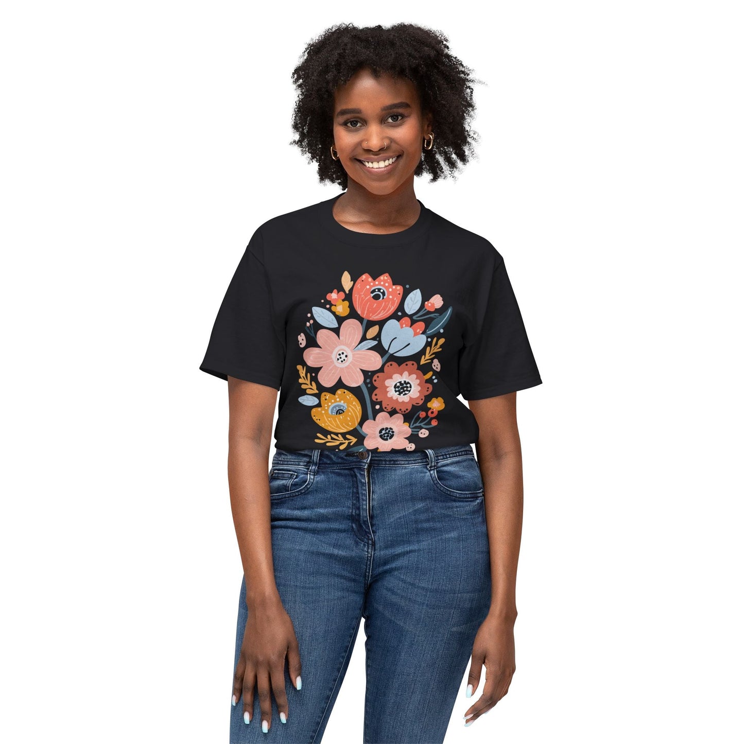 Unisex Floral Art T Shirt with Vintage Flowers Print One Hundred Percent Cotton Tee Printed In USA