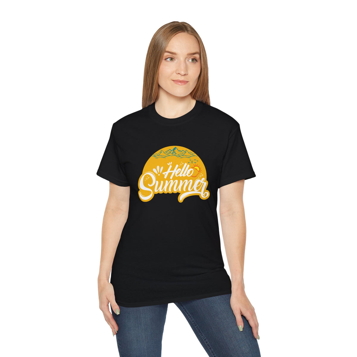 Hello Summer graphic Tee | Retro sun script design, black t-shirt